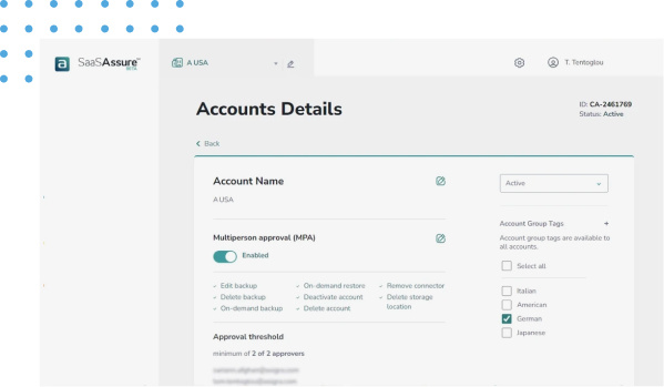 Screenshot of SaaSAssure accounts details interface.