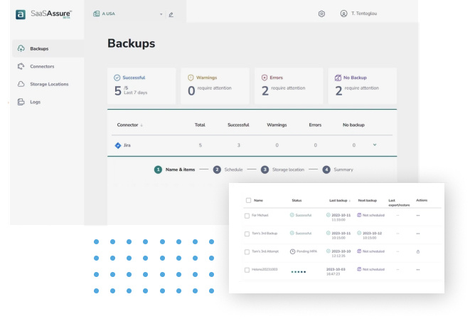 Screenshot of SaaSAssure backups interface.